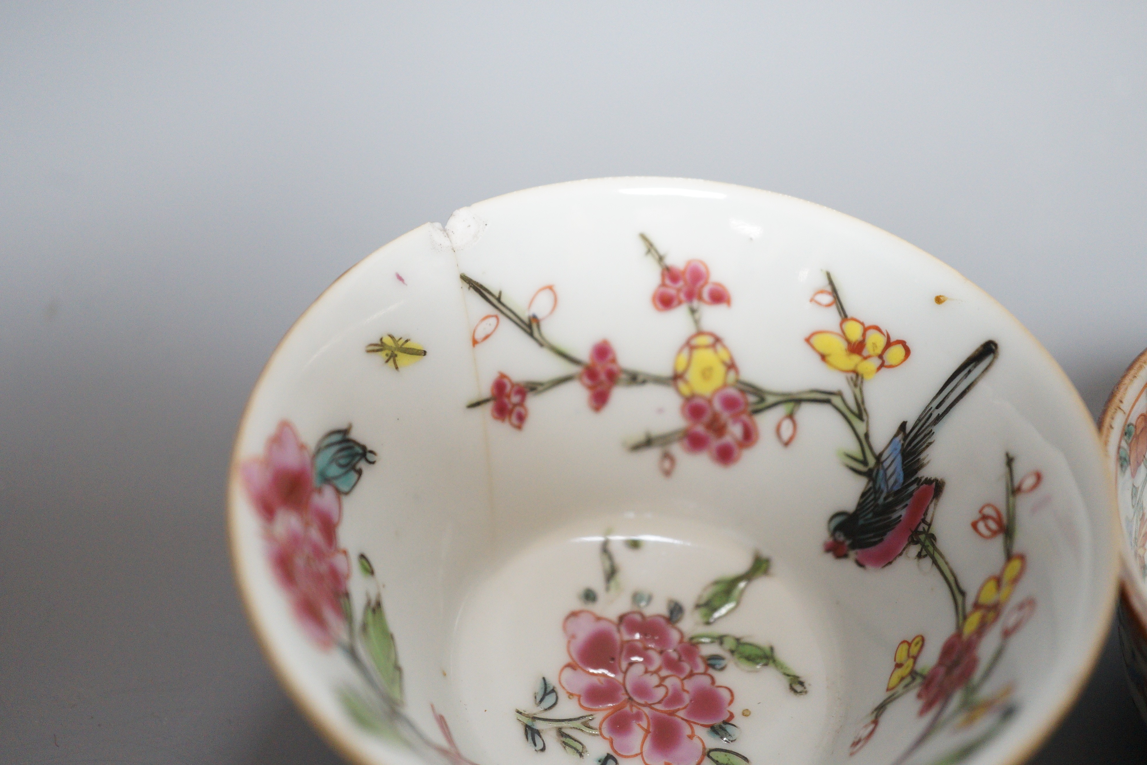 Three Chinese export famille rose cream jugs, one with pierced cover and three small bowls, 18th century and later